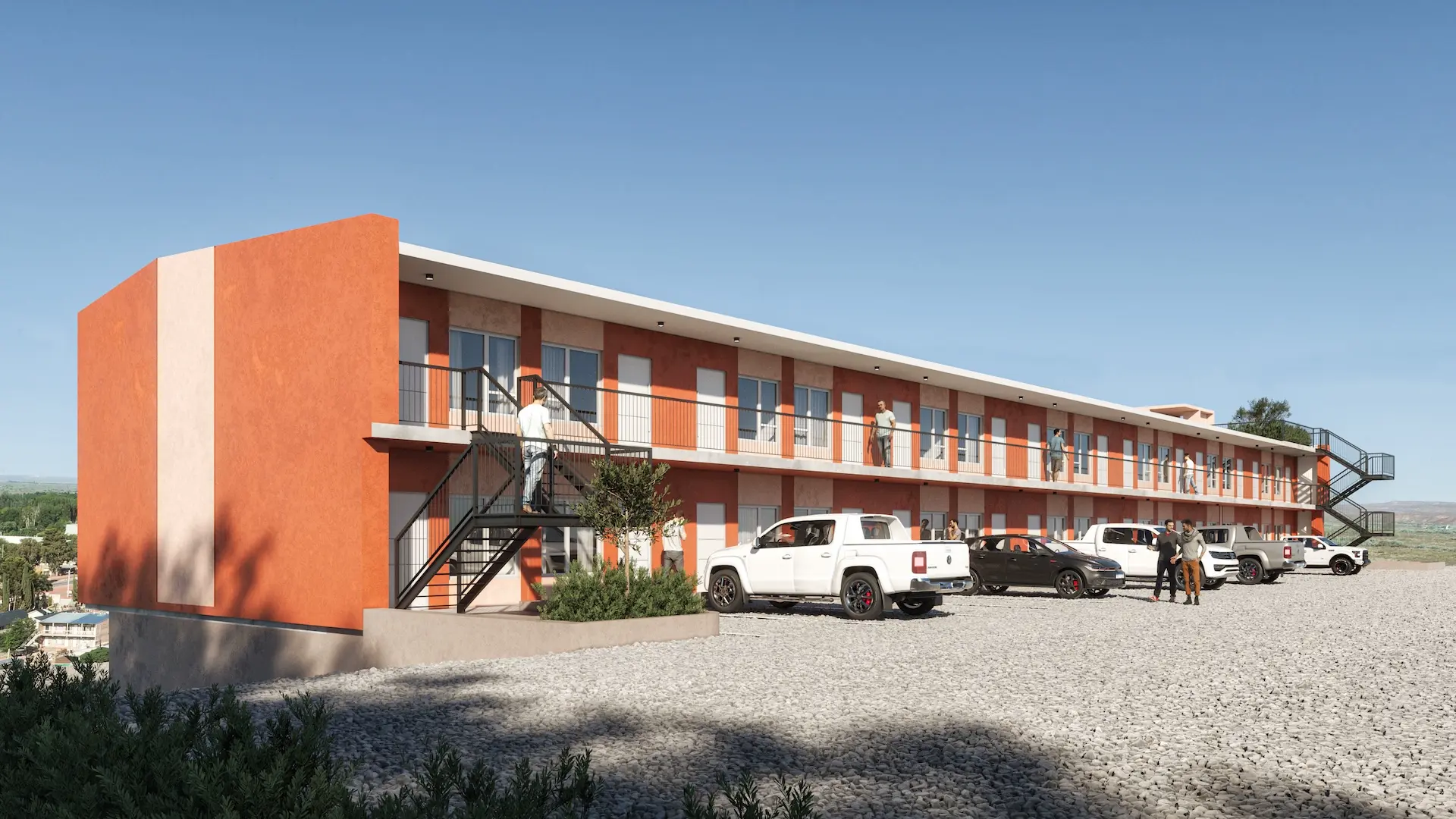 Render del edificio habitacional de Wenelen Suites desarrollado por DYPSA en Vaca Muerta, con arquitectura funcional de dos niveles y estacionamiento propio, reflejando el liderazgo de la empresa en proyectos estratégicos de alojamiento para el sector Oil & Gas.