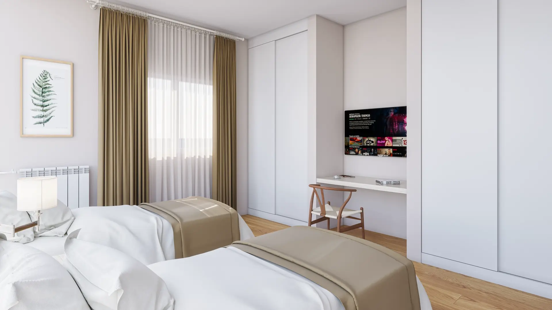 Dormitorio luminoso con dos camas, escritorio de trabajo y Smart TV en Wenelen Suites, diseñado para el confort de profesionales del sector Oil & Gas.